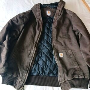 Carhartt Jacket Bomber Mens XL Hood Canvas Duck 4050 Dark Brown Quilt Lining EUC